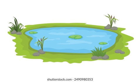 Natural pond with lily pad, rocks and grass plants