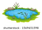 Natural pond outdoor scene. Small blue decorative pond isolated on white, lake plants nature landscape fishing place. Scenery of natural pond with flower bloom. Graphic design for Spring season