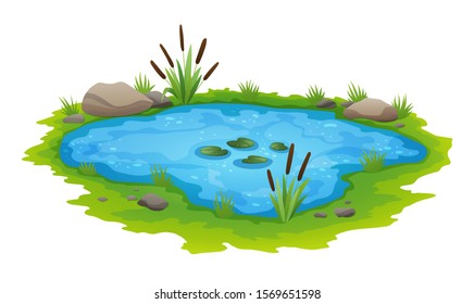 Natural pond outdoor scene. Small blue decorative pond isolated on white, lake plants nature landscape fishing place. Scenery of natural pond with flower bloom. Graphic design for Spring season