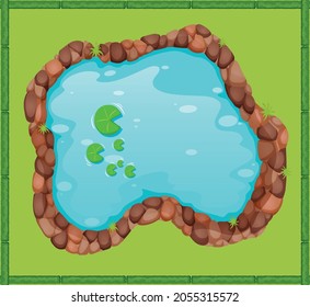 Natural pond outdoor scene. Small blue decorative pond isolated on white, lake plants nature landscape fishing place. Scenery of natural pond with flower bloom. Graphic design for Spring season