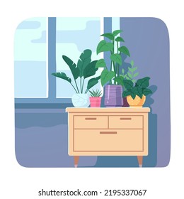 Natural potted house plants on chest of drawers. Various decorative plants in pots with green leaves on dresser furniture. Nature flora, botany, beautiful interior decoration flat vector illustration