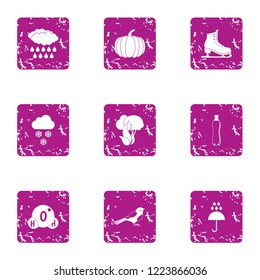 Natural precipitation icons set. Grunge set of 9 natural precipitation vector icons for web isolated on white background