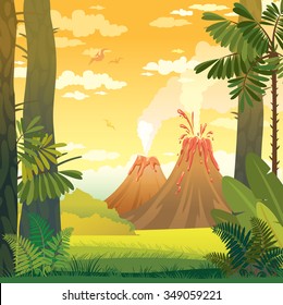 Natural Prehistoric Vector Illustration. Wild Landscape With Volcano, Trees And Fern.