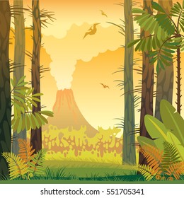 Natural prehistoric vector illustration. Wild landscape with volcano, trees and fern.