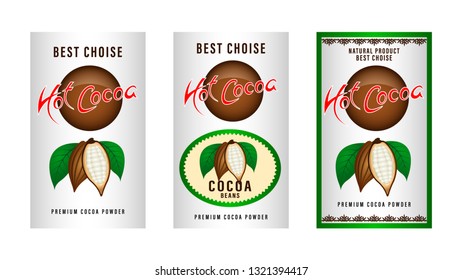 Natural product Cocoa beans packaging layout,  design Label. realistic cocoa fruits with green leaves. Beautiful gradient decorative frames and patterns. Vector Illustration
