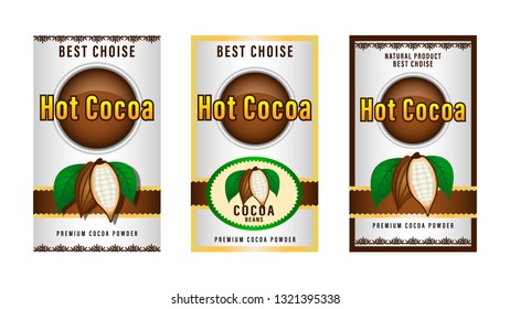 Natural product Cocoa beans packaging layout,  design Label. realistic cocoa fruits with green leaves. Beautiful gradient decorative frames and patterns. Vector Illustration