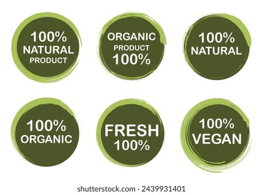 Natural product, natural farming, vegan food, organic, eco, vegetarian labels paint brush strokes collection.