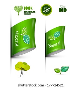 Natural Product Green Labels - Tags - Stickers Set Isolated on White Background