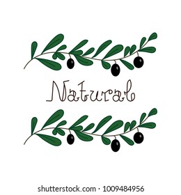 Natural product handwritten calligraphic logo with branches, leafs and olives. Vegetarian ecological food or cosmetics brand quality handdrawn logotype or label.