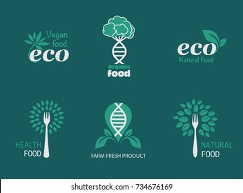 Natural product, healthy food, farm fresh food, organic product, gluten free. Vector eco, bio logos. Vegan, natural food and drinks signs. Farm market, store icons collection. Raw meal badges, labels.