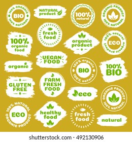 Natural product, healthy food, fresh food, organic product, vegan, farm fresh, gluten free, bio and eco label template watercolor shapes isolated on brown background. Vector Illustration