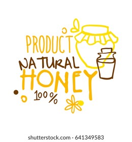 Natural product, honey 100 percent logo symbol. Colorful hand drawn vector illustration