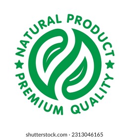 Natural product icon label. Premium quality logo badges with green leaves. Vegan, eco bio food emblem healthy goods. Vector on transparent background