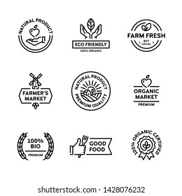 Natural product icon label set. Vector premium quality logo badges with green leaves. 100 percent organic certified. Farm fresh, eco friendly. Bio food emblems for healthy goods, farmers market