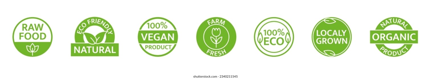 Natural product icon set. Gmo free. Organic food. Vegan, bio farm fresh badges. Locally grown. Healthy product label. Premium quality. Eco friendly tag. Sustainable life. Vector illustration.