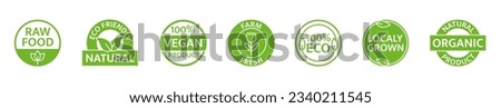 Natural product icon set. Gmo free. Organic food. Vegan, bio farm fresh badges. Locally grown. Healthy product label. Premium quality. Eco friendly tag. Sustainable life. Vector illustration.