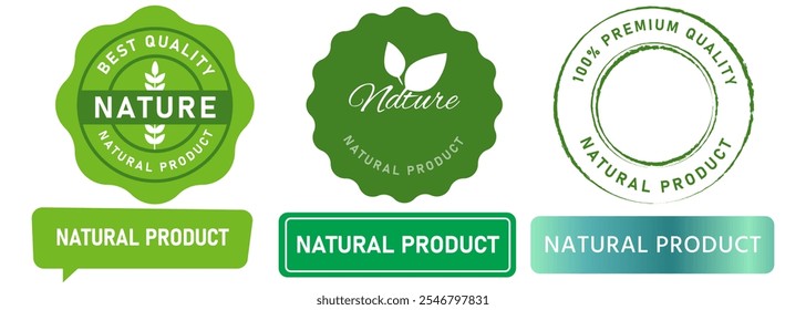 Natural product information ingredient nature safe eco-friendly herbal pure guarantee health food packaging stamp green badges label banner sticker design icon set collection