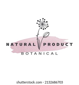 "Natural product" lettering and flower on pink watercolor stroke. Botanical logo. For business card, workplace, signage.