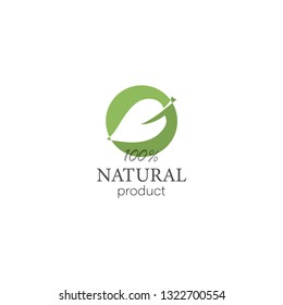 Natural product logo with leaf in flat style, vector