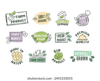 Natural product organic farm market fresh healthy food hand drawn sticker design template set vector flat illustration. Local growth vegetarian ecology bio premium quality meal package emblem