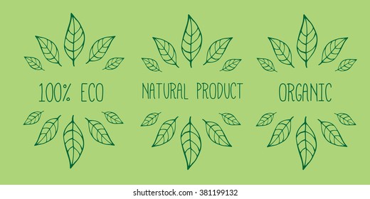 Natural product. Organic.100% eco. Hand-sketched typographic elements.Natural product labels. Suitable for ads, signboards, packaging and identity and web designs