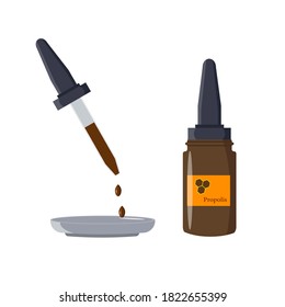 Natural product propolis. Propolis bottle. Vector illustration isolated on white background. Template for markets, decorative use. 
