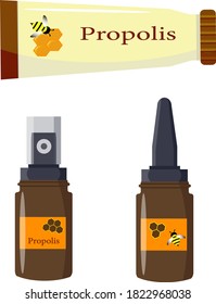 Natural product propolis. Set with a bottle, spray and a tube of propolis. Vector illustration isolated on white background. For markets, decorative use.