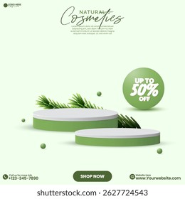 Natural product sale empty 3D abstract podium design. Natural beauty promotional product sale social media advertisement poster design vector with natural background. 3D cylinder poidum. 