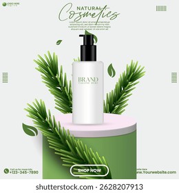Natural product sale empty 3D abstract podium design. Natural beauty promotional product sale social media advertisement poster design vector with natural background. 3D cylinder poidum. 