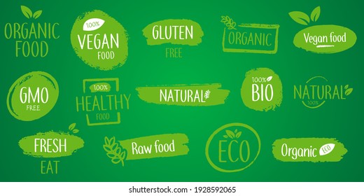 Producto natural. Conjunto de alimentos ecológicos, biológicos, orgánicos, frescos, saludables, 100 por ciento, de comida nateral.  Colección de café emblema, insignias, etiquetas, empaque