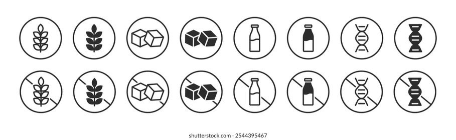 Natural product sign. Allergen free icons. Gluten free, sugar, lactose free logo. Vector.