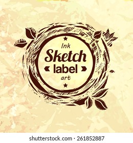 Natural product sketched stamp. Eco friendly food logo. Eco food vector label concept.
