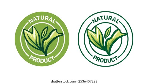 Natural product sticker set. Vector illustration in sketch style. Green leaves of plants. Ecological local food. Organic natural products labels.