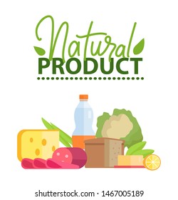 Natural product vector, hard cheese and broccoli, water in plastic water and sliced lemon, salami. Food for dieting and keeping healthy lifestyle. Flat cartoon
