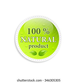 Natural product vector icon or label with green leaves.