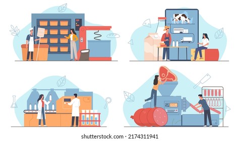 Natural Production Industry. Automated Food Manufacturing With Workers. Raw Meat, Milk And Bread Making Process, Farm Meal. Dairy Healthy Products, Nowaday Vector Cartoon Flat Set