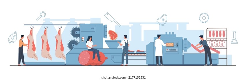 Natural production industry concept. Flat style scene meat processing factory with workers, automated conveyor, farm sausage production. Automated food manufacturing nowaday cartoon vector