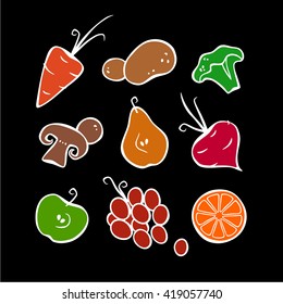 Natural products in cartoon style: vegetables, fruits and berries.