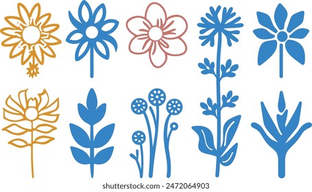 Emblema de productos naturales, conjunto de Vector de Plantillas de diseño de logotipo y Elementos gráficos, cosméticos orgánicos, ilustración floral en estilo lineal simple dibujado a mano, plantas y flores