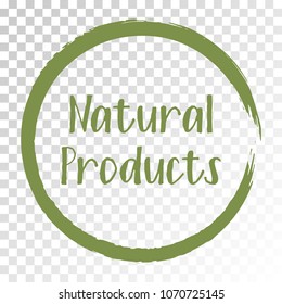 Natural products icon, framed package label vector graphic design. Natural origination and ingredients products label, sign, round stamp isolated clip art, circle tag or sticker vector emblem.