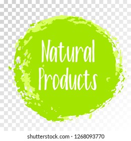 Natural products icon, package label vector graphic design. Natural origination and ingredients products label, sign, round stamp isolated clip art, circle tag or sticker vector emblem.