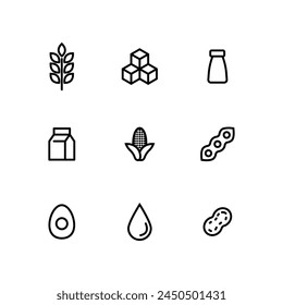 Natural products icons set. Organic. Eco-products. Allergen free badges. No Soy, Transfat, Nut, Gluten, Corn, Dairy, Sugar, Paraben, Nitrates Outline Logo. Vegan Food Icon.