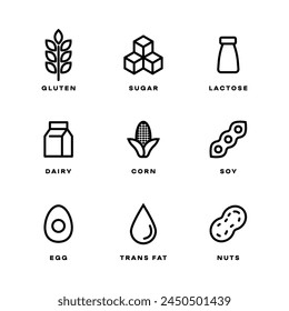 Natural products icons set. Organic. Eco-products. Allergen free badges. No Soy, Transfat, Nut, Gluten, Corn, Dairy, Sugar, Paraben, Nitrates Outline Logo. Vegan Food Icon.