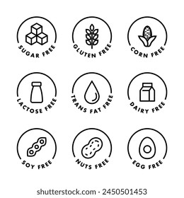 Natural products icons set. Organic. Eco-products. Allergen free badges. No Soy, Transfat, Nut, Gluten, Corn, Dairy, Sugar, Paraben, Nitrates Outline Logo. Vegan Food Icon.