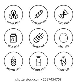 Natural products icons set. Organic. Eco-products. Allergen free badges. No Soy, Transfats, Nut, Gluten, Corn, Dairy, Sugar, Paraben, Nitrates Outline Logo. Vegan Food Icon.