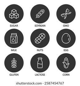 Natural products icons set. Organic. Eco-products. Allergen free badges. No Soy, Nut, Gluten, Corn, Dairy, Sugar, Paraben, Nitrates Outline Logo. Vegan Food Icon.