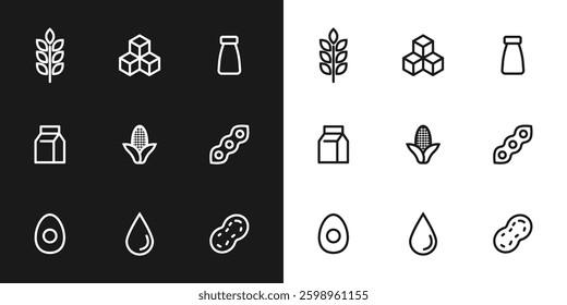 Natural products icons set. Organic. Eco-products. Allergen free badges. No Soy, Transfat, Nut, Gluten, Corn, Dairy, Sugar, Paraben, Nitrates Outline Logo. Vegan Food Icon.