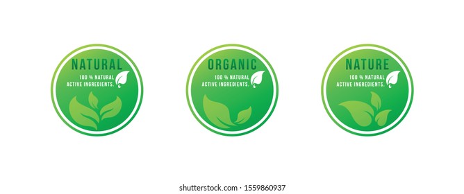 Natural products and ingredient logos. Slogan for print eco or bio. Green leaf shapes. Organic and leaves icons vector sets. Healthy lifestyle. Collection of illustration.