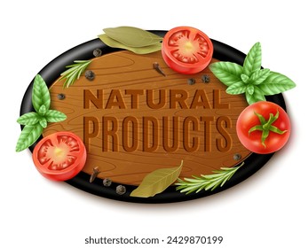 Productos naturales en tabla de cortar de madera. Tomates frescos, albahaca y especias, hoja de laurel y pimienta negra. Símbolo de cocina. Etiqueta o emblema del café gastronómico. Elementos aislados realistas. Concepto de vector