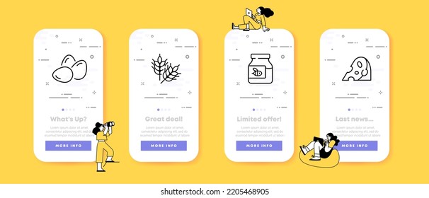 Natural products set icon. Eggs, wheat, bee honey, cheese, healthy nutrition, food, proper, diet, tasty. Eating concept. UI phone app screens. Vector line icon for Business and Advertising.